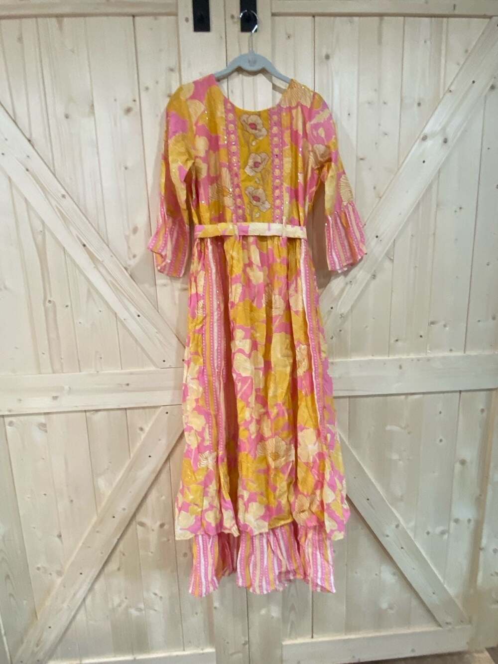 Indian Ethnic Floral Maxi Dress Size Medium Pink Yellow Chiffon youth XL